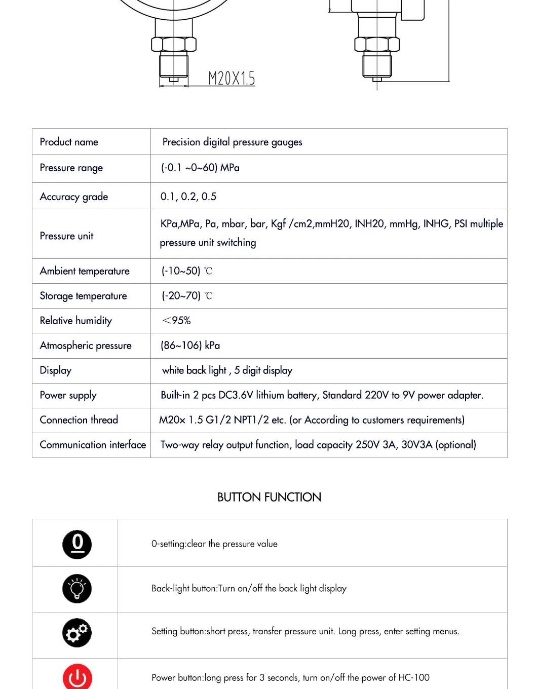 Hongqi Hc-100 OEM 0-100MPa Battery Digital Pressure Gauge